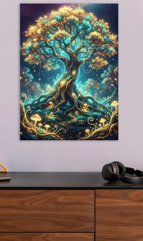 Enchanted Bioluminescent Forest Tree — metal poster wall art by Lineer